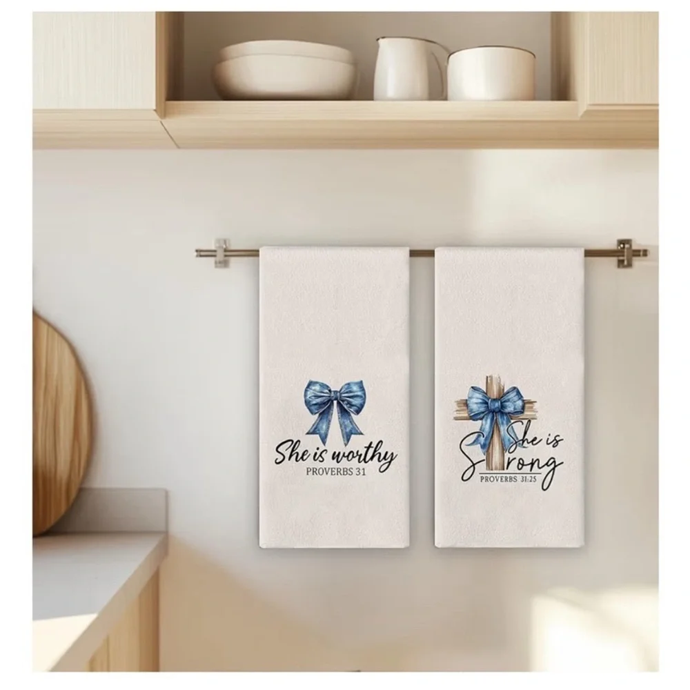 Embroidered Scripture Kitchen Towels - Blue Bow Design